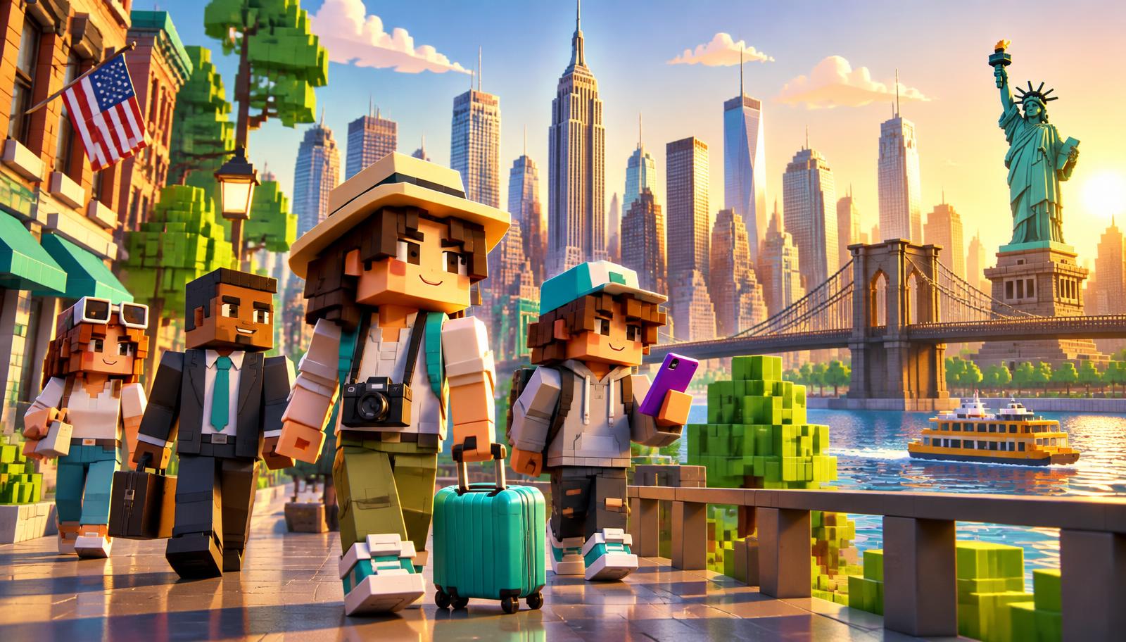 Blocky JAAPA characters with a suitcase arriving in a sunny voxel New York
