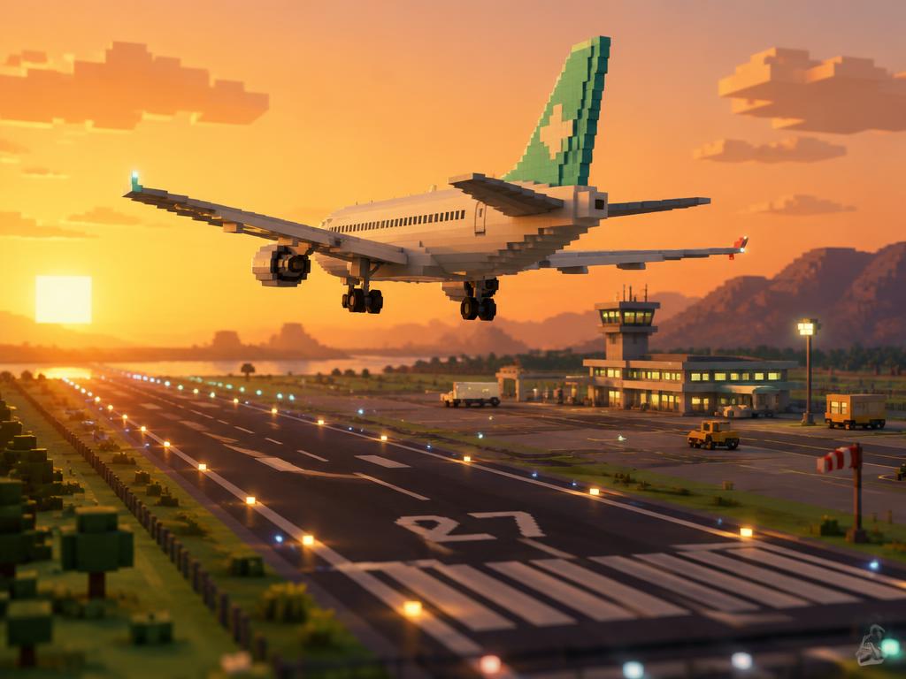 Blocky voxel airplane with a mint tail fin landing at the JAAPA airport at sunset