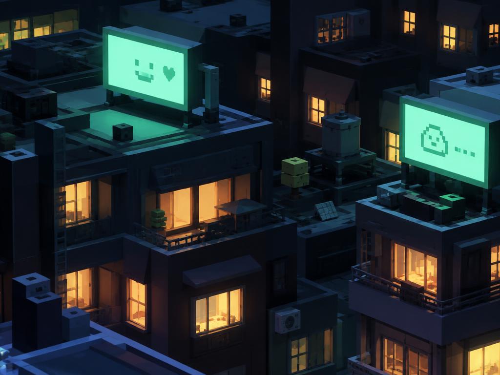 Glowing mint rooftop billboards on blocky residential buildings at night