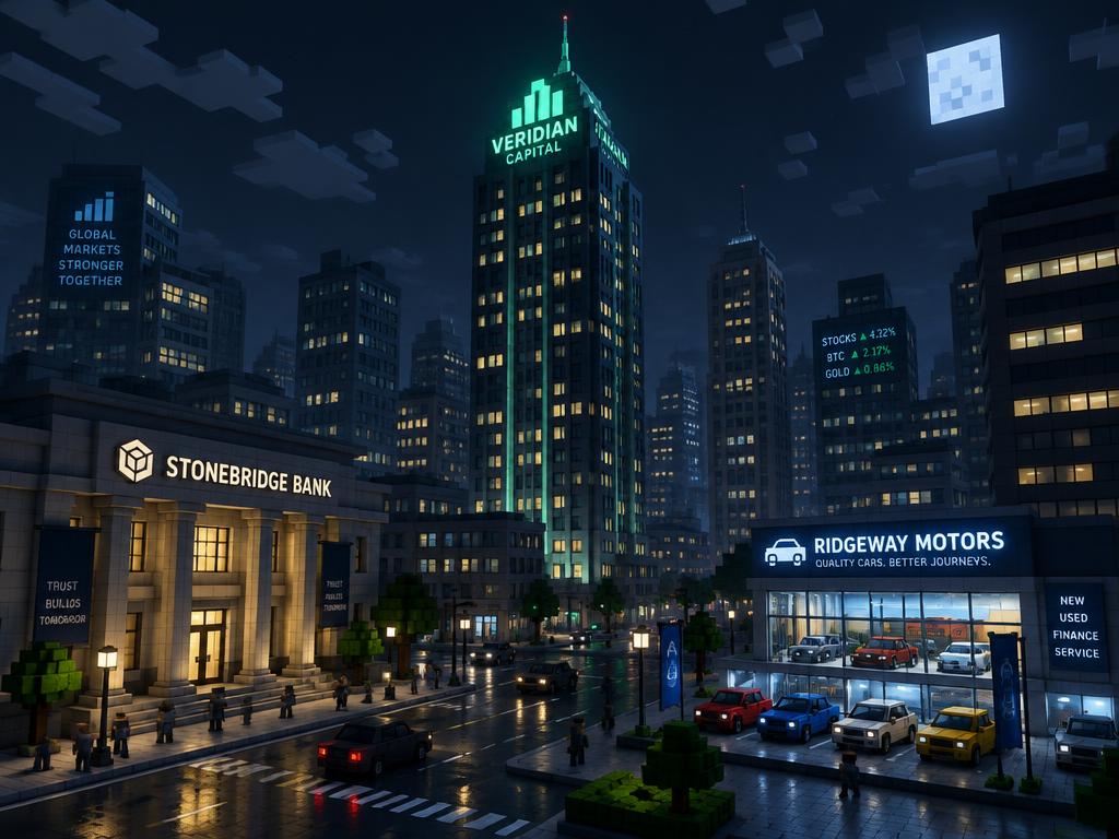 Downtown financial district with a neon-lit skyscraper, bank and car dealership