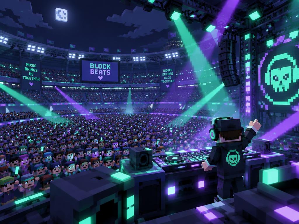 Blocky DJ on a stadium stage with mint and purple lights before a voxel crowd