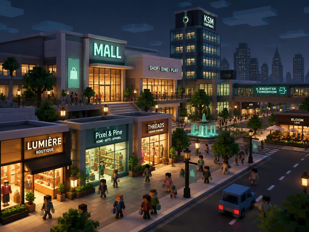 Blocky shopping street with a glowing mall, boutiques and strolling characters